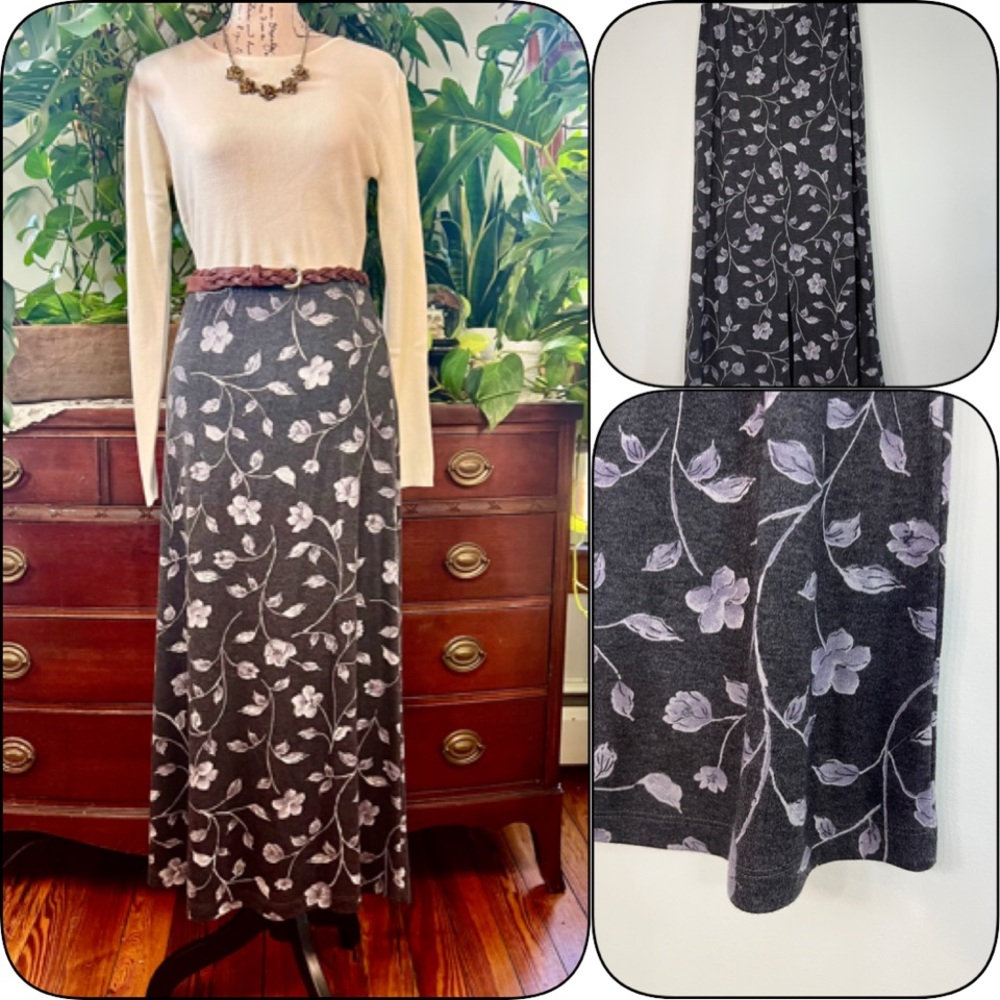 Vintage Y2K Floral Maxi Skirt Black and Gray Women's Skirt Size L